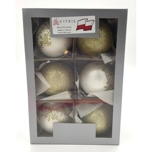 Vitbis Poland Glass Christmas Ornaments 6pc White Gold Glitter Traditional Glam